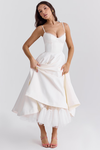 Cassandra - Vestito Midi con Corsetto, Gonna Ampia e Spalline Sottili