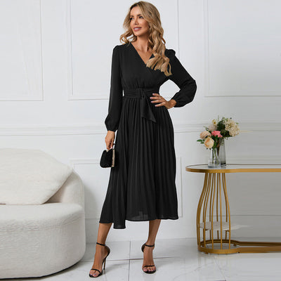 Elegante Vestito Midi Plissettato con Scollo a V