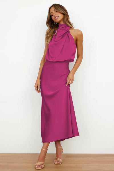 Dress Lungo in Satin con Collo Drappeggiato