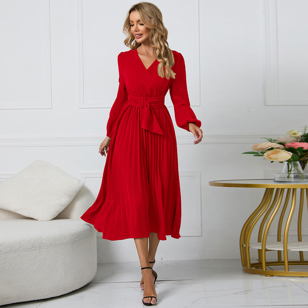 Elegante Vestito Midi Plissettato con Scollo a V