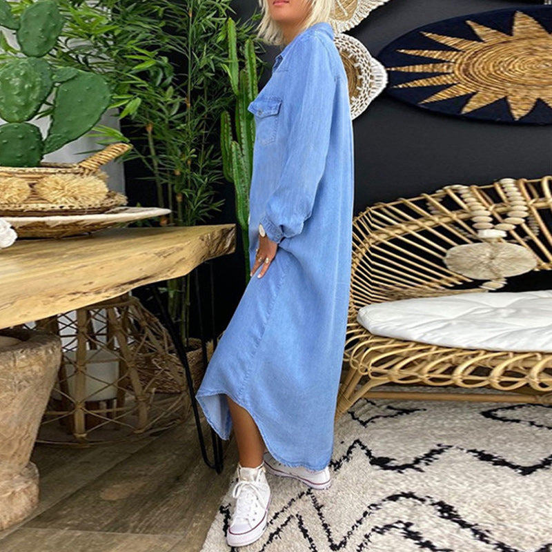 Abito Lungo Casual in Denim dallo Stile Urbano