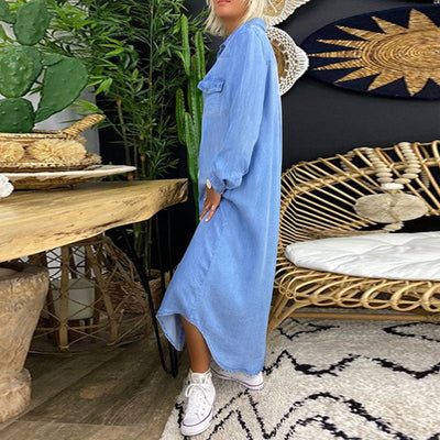 Abito Lungo Casual in Denim dallo Stile Urbano