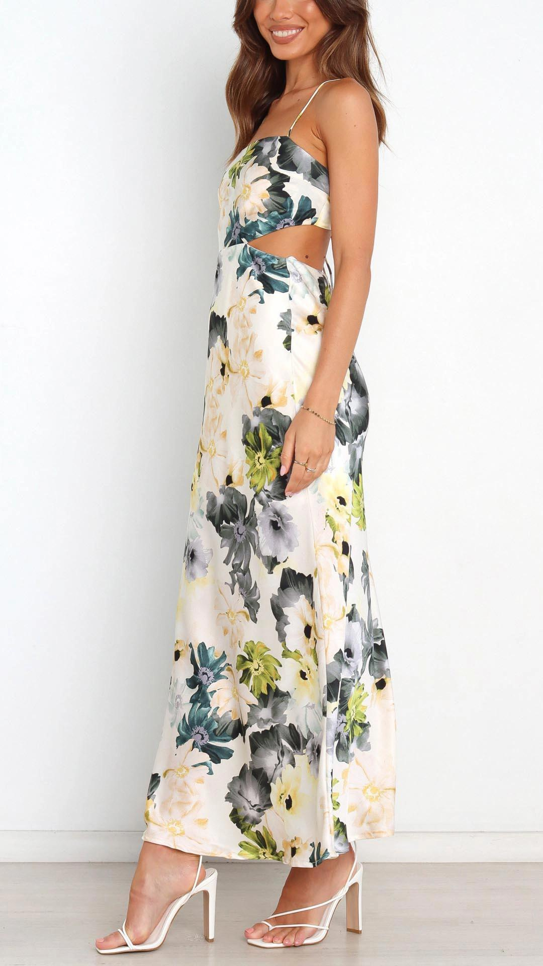 Abito Lungo in Satin con Stampa Floreale