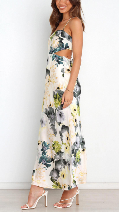 Abito Lungo in Satin con Stampa Floreale
