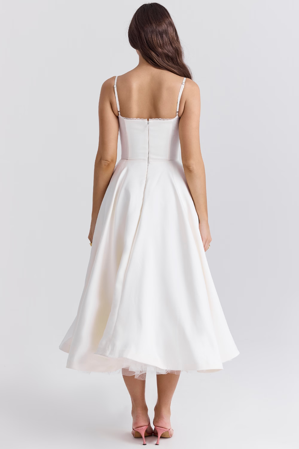 Cassandra - Vestito Midi con Corsetto, Gonna Ampia e Spalline Sottili