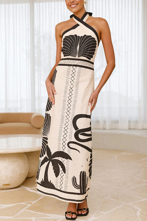 Abito Lungo Halter Incrociato con Stampa Palm Canyon