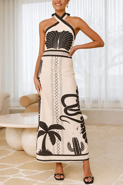 Abito Lungo Halter Incrociato con Stampa Palm Canyon