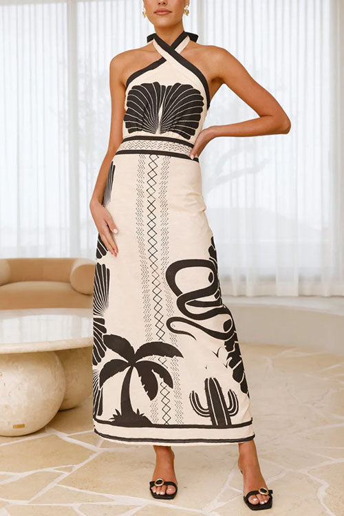 Abito Lungo Halter Incrociato con Stampa Palm Canyon