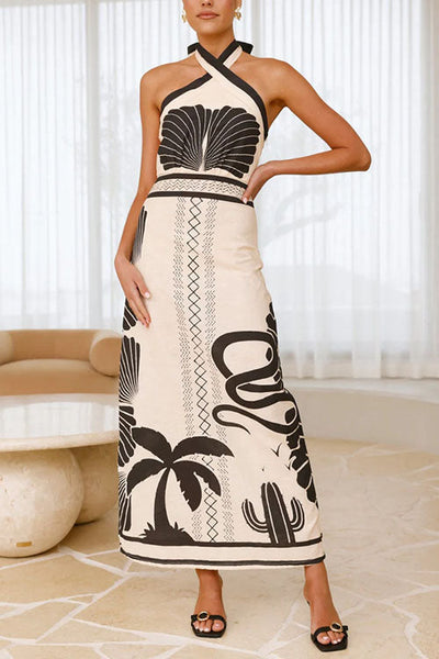 Abito Lungo Halter Incrociato con Stampa Palm Canyon