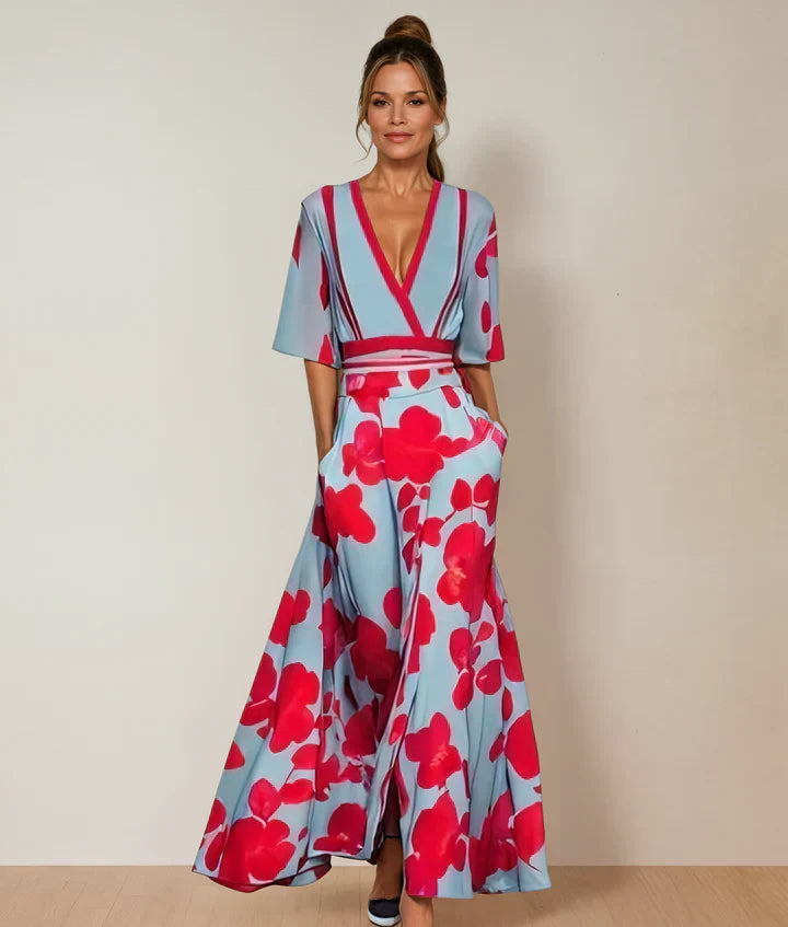Andrea – Elegante Vestito Lungo Stampato con Scollo a V
