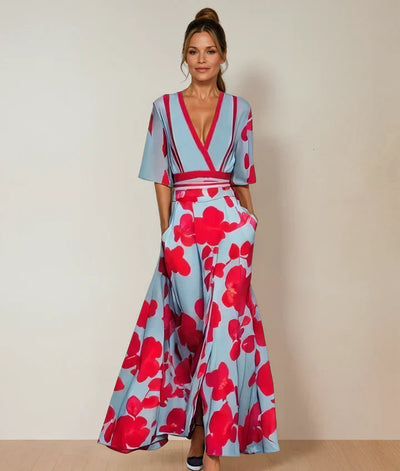 Andrea – Elegante Vestito Lungo Stampato con Scollo a V