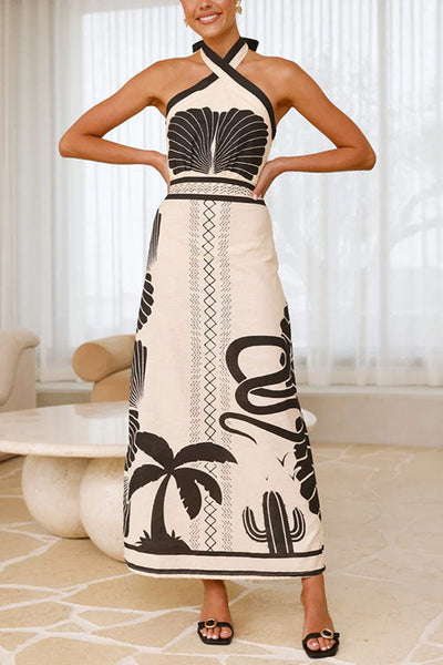 Abito Lungo Halter Incrociato con Stampa Palm Canyon
