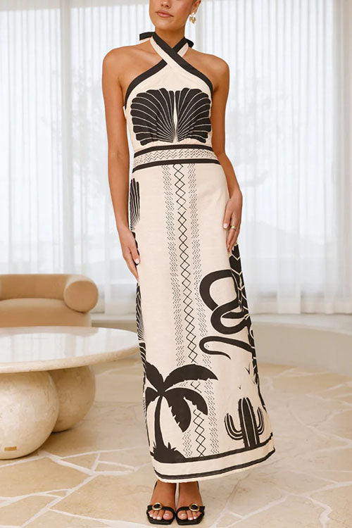 Abito Lungo Halter Incrociato con Stampa Palm Canyon