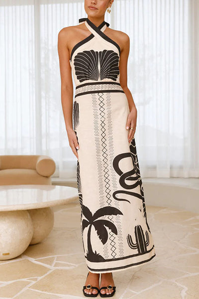 Abito Lungo Halter Incrociato con Stampa Palm Canyon