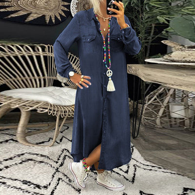 Abito Lungo Casual in Denim dallo Stile Urbano