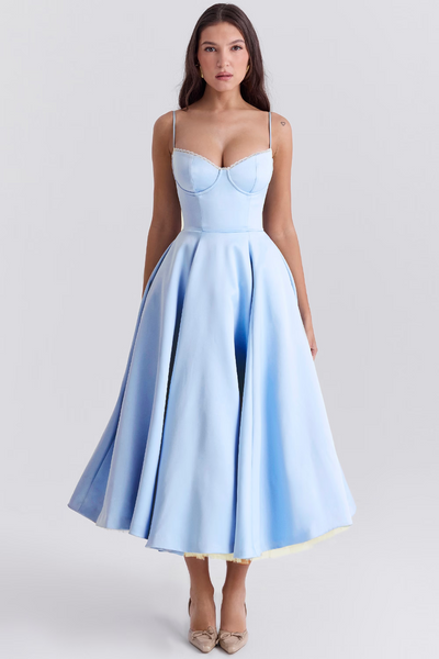 Cassandra - Vestito Midi con Corsetto, Gonna Ampia e Spalline Sottili