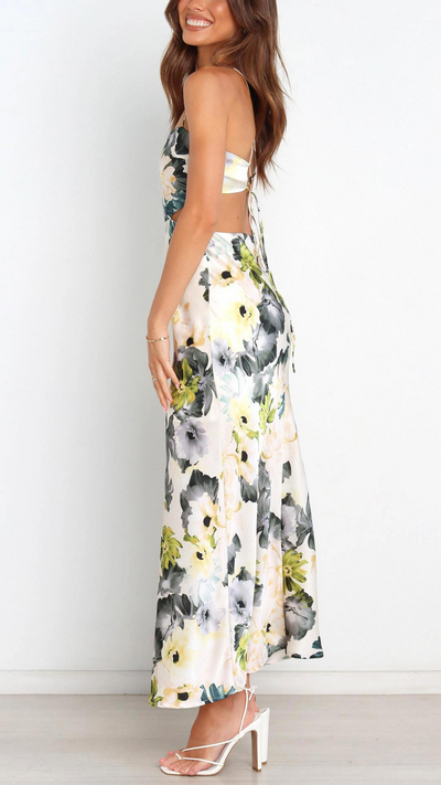 Abito Lungo in Satin con Stampa Floreale