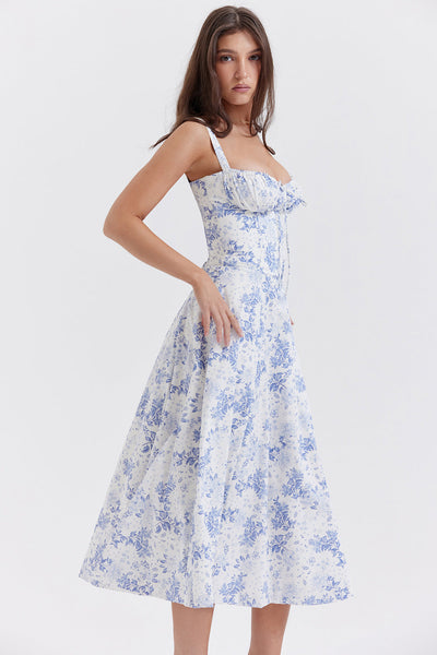 Daphne - Midi Dress with Floral Print and Lace-Up Corset