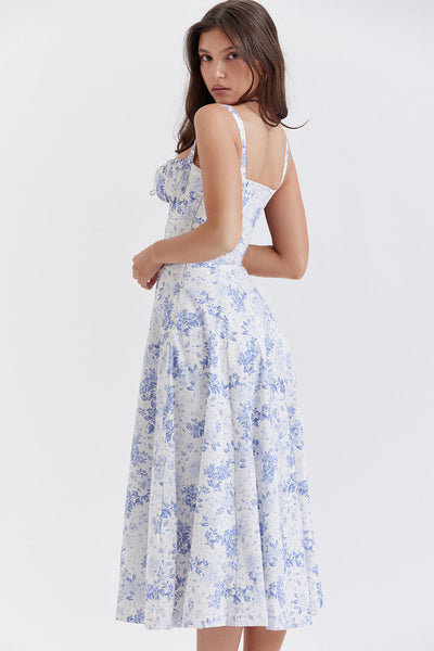 Daphne - Midi Dress with Floral Print and Lace-Up Corset