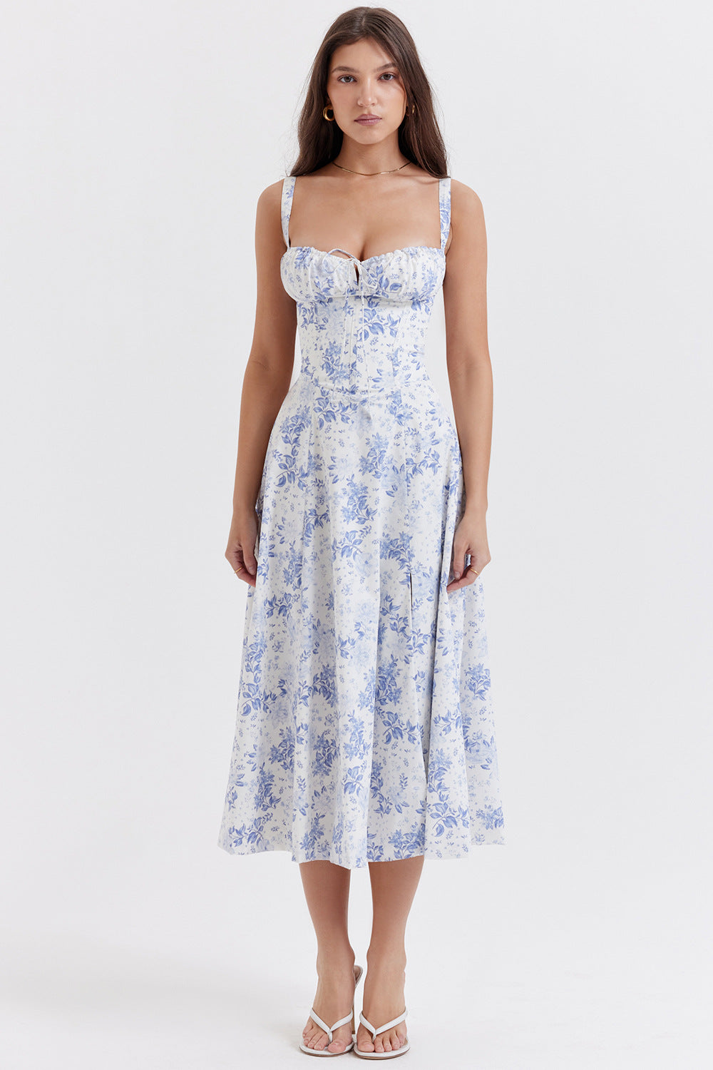 Daphne - Midi Dress with Floral Print and Lace-Up Corset