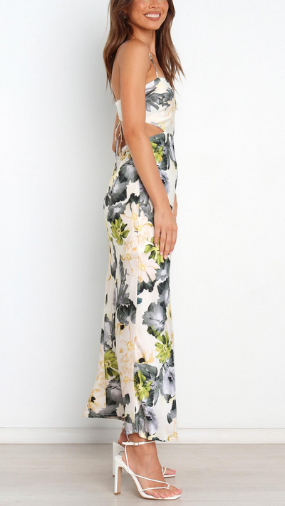 Abito Lungo in Satin con Stampa Floreale
