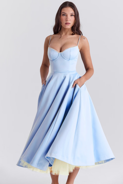 Cassandra - Vestito Midi con Corsetto, Gonna Ampia e Spalline Sottili