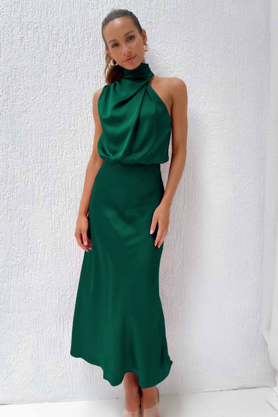 Dress Lungo in Satin con Collo Drappeggiato