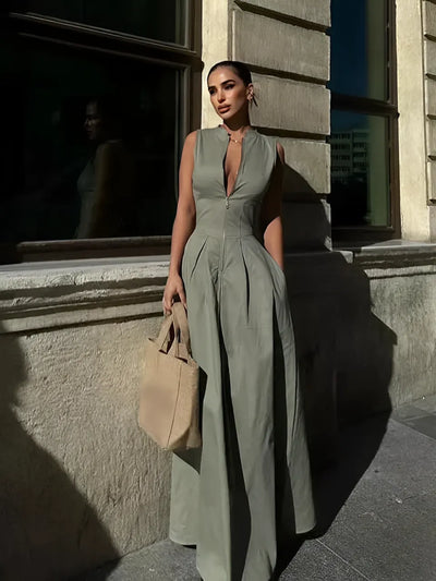 Portofino - Abito Lungo Senza Maniche con Zip Frontale e Gonna Plissettata