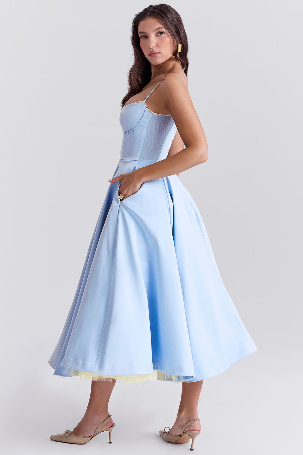 Cassandra - Vestito Midi con Corsetto, Gonna Ampia e Spalline Sottili