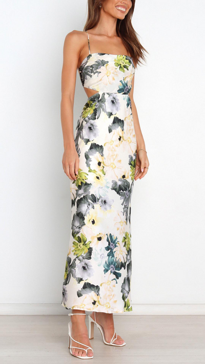 Abito Lungo in Satin con Stampa Floreale