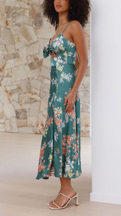 Abito Midi in Satin con Motivo Floreale