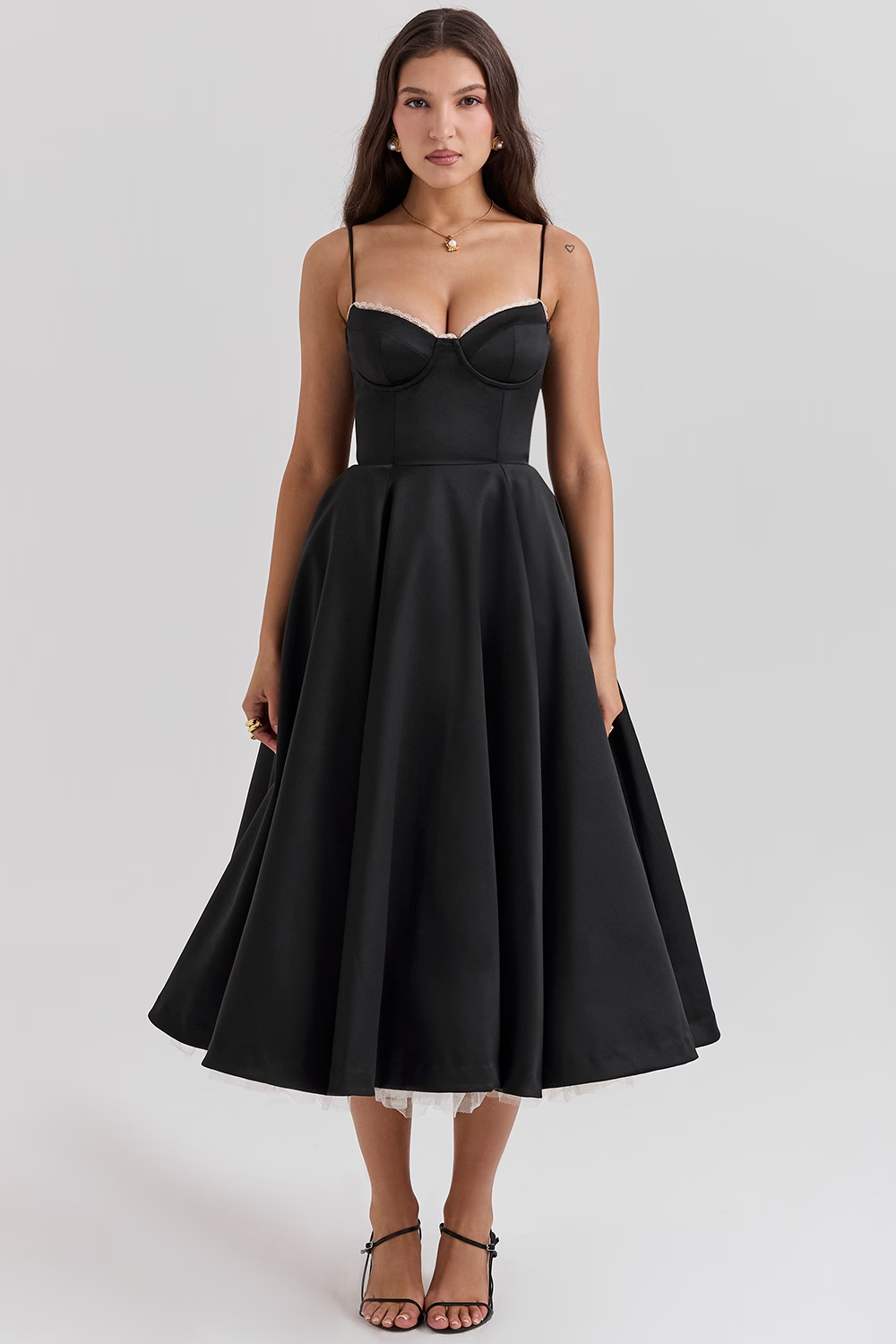 Cassandra - Vestito Midi con Corsetto, Gonna Ampia e Spalline Sottili