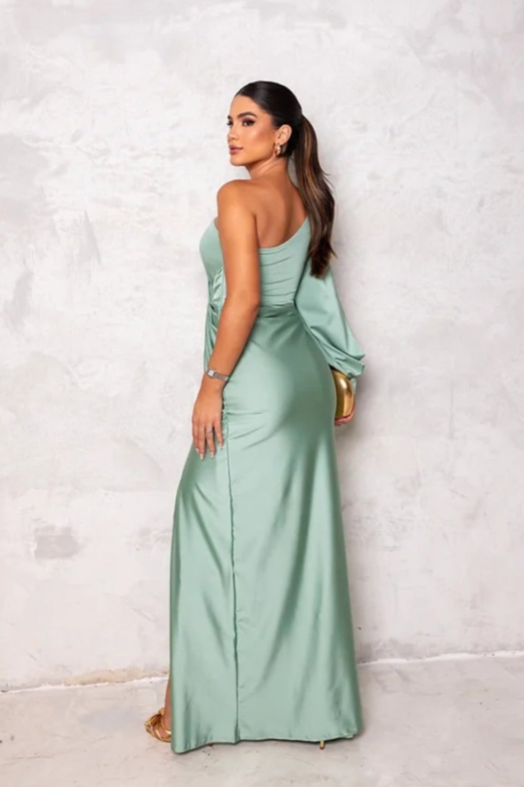 Valeria - Abito Lungo Asimmetrico in Satin con Drappeggiature