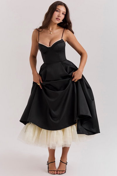 Cassandra - Vestito Midi con Corsetto, Gonna Ampia e Spalline Sottili
