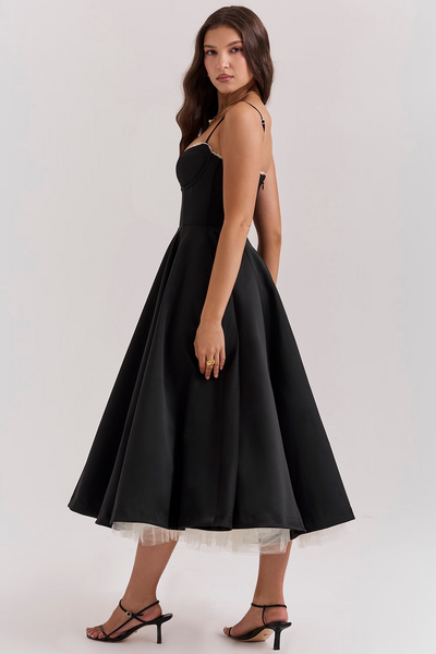 Cassandra - Vestito Midi con Corsetto, Gonna Ampia e Spalline Sottili