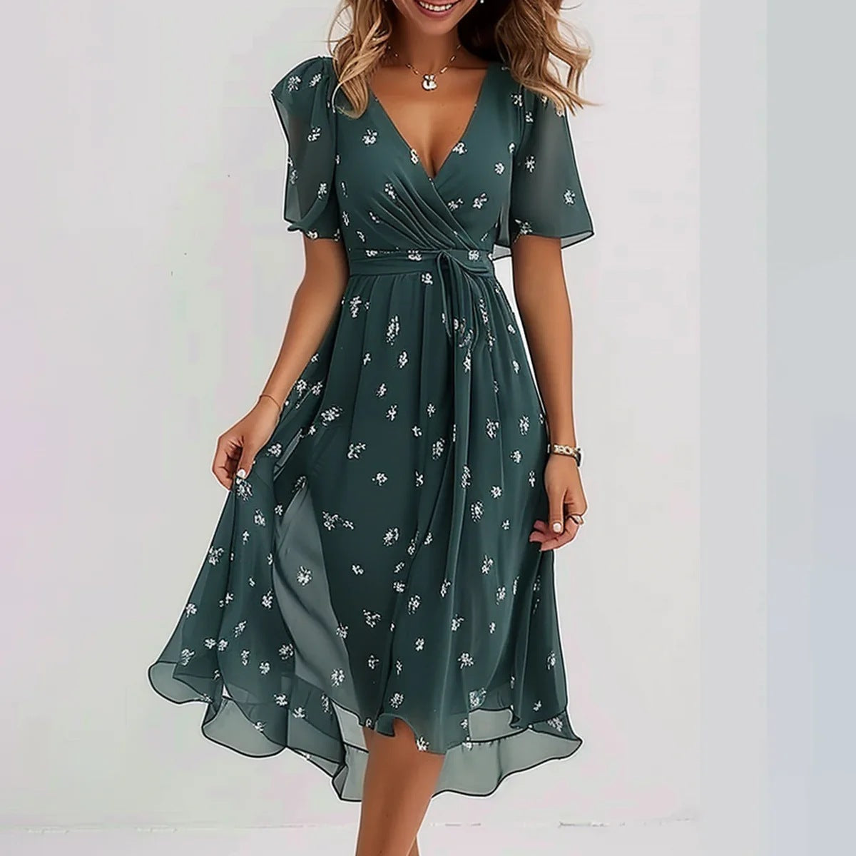 Lilia – Elegante Vestito Midi da Cerimonia con Maniche Corte e Gonna Svasata
