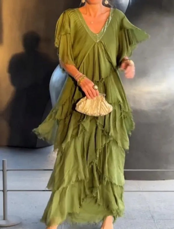 Adele - Abito Lungo in Voile con Strati e Scollatura Luminoso