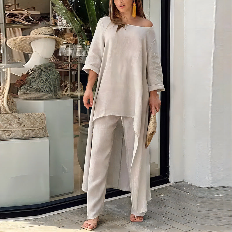 Alessia – Completo Elegante da Donna in Stile Lino con Tunica Asimmetrica