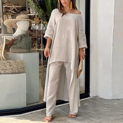 Alessia – Completo Elegante da Donna in Stile Lino con Tunica Asimmetrica