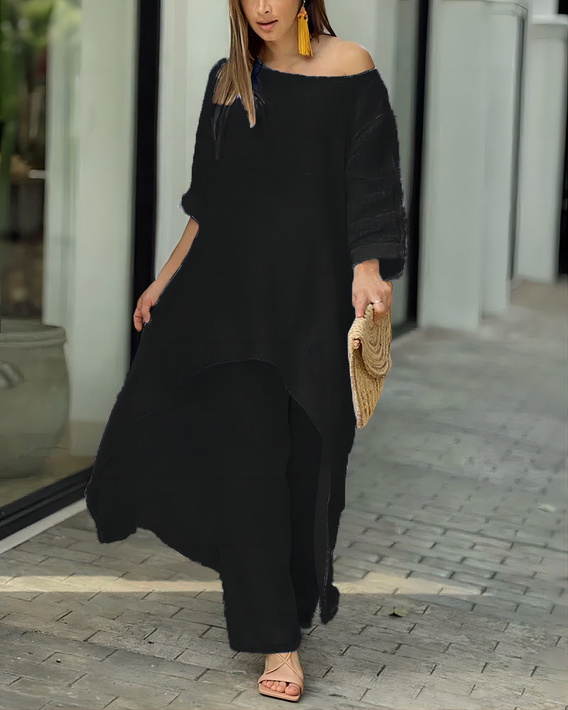 Alessia – Completo Elegante da Donna in Stile Lino con Tunica Asimmetrica