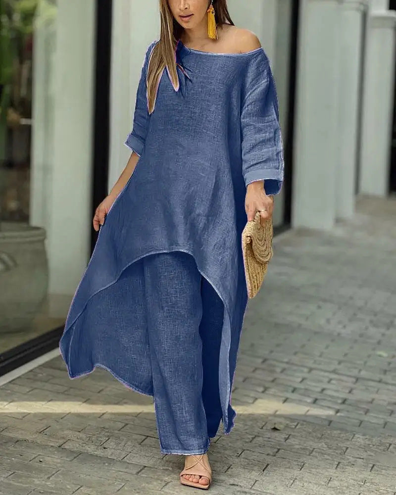 Alessia – Completo Elegante da Donna in Stile Lino con Tunica Asimmetrica