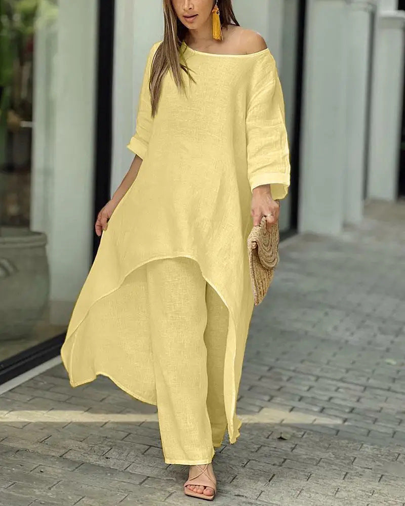 Alessia – Completo Elegante da Donna in Stile Lino con Tunica Asimmetrica