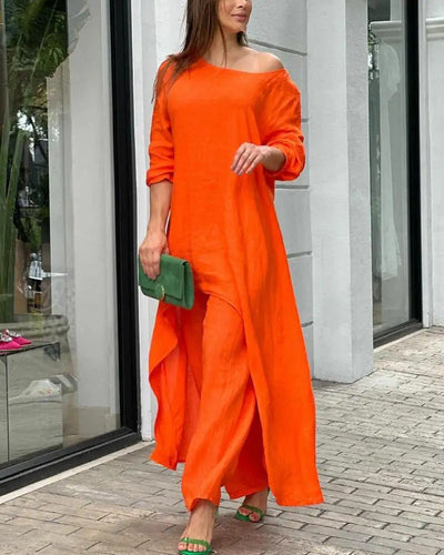 Alessia – Completo Elegante da Donna in Stile Lino con Tunica Asimmetrica