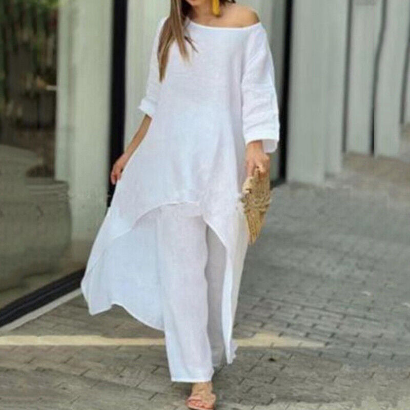 Alessia – Completo Elegante da Donna in Stile Lino con Tunica Asimmetrica