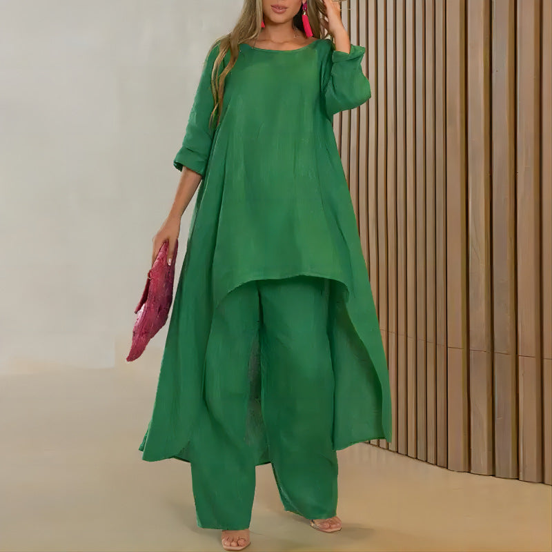 Alessia – Completo Elegante da Donna in Stile Lino con Tunica Asimmetrica