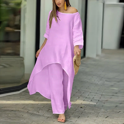 Alessia – Completo Elegante da Donna in Stile Lino con Tunica Asimmetrica