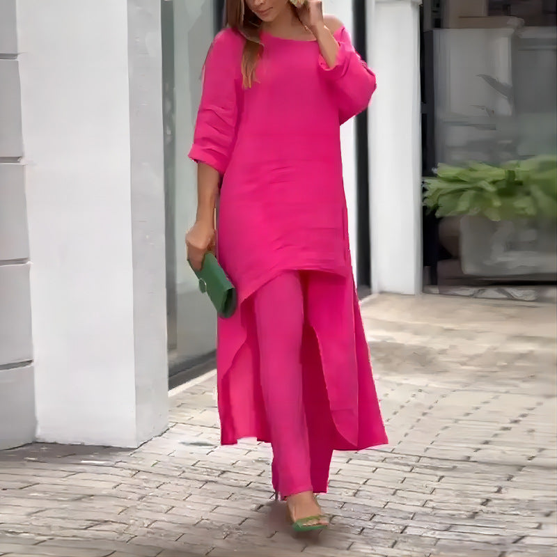 Alessia – Completo Elegante da Donna in Stile Lino con Tunica Asimmetrica