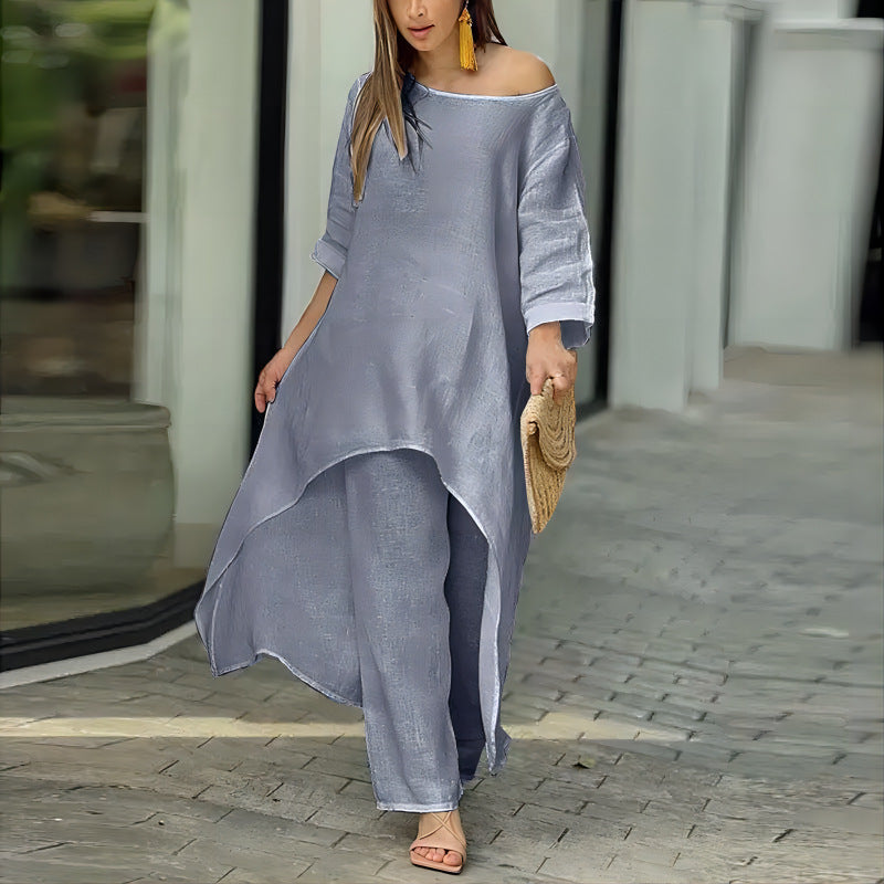 Alessia – Completo Elegante da Donna in Stile Lino con Tunica Asimmetrica