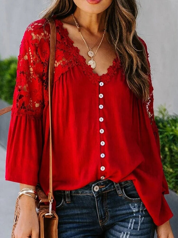 Blusa Elegante Donna con Dettagli in Pizzo sulle Spalle e sulla Schiena