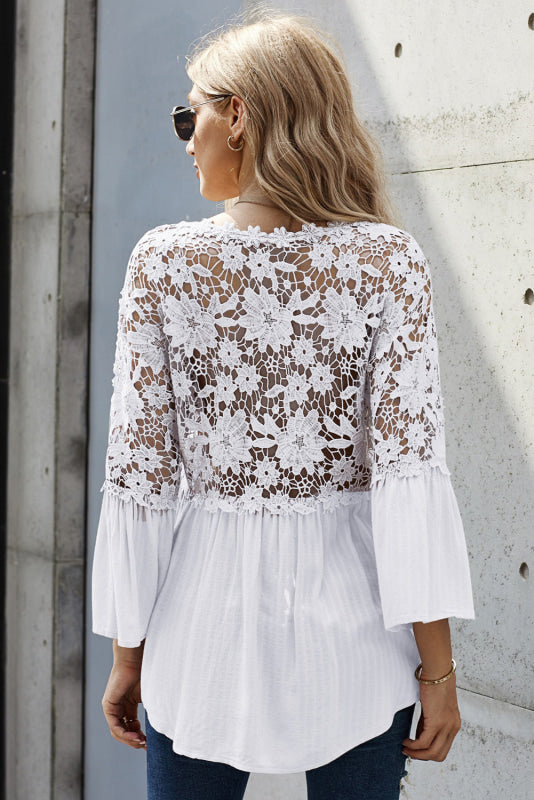 Blusa Elegante Donna con Dettagli in Pizzo sulle Spalle e sulla Schiena